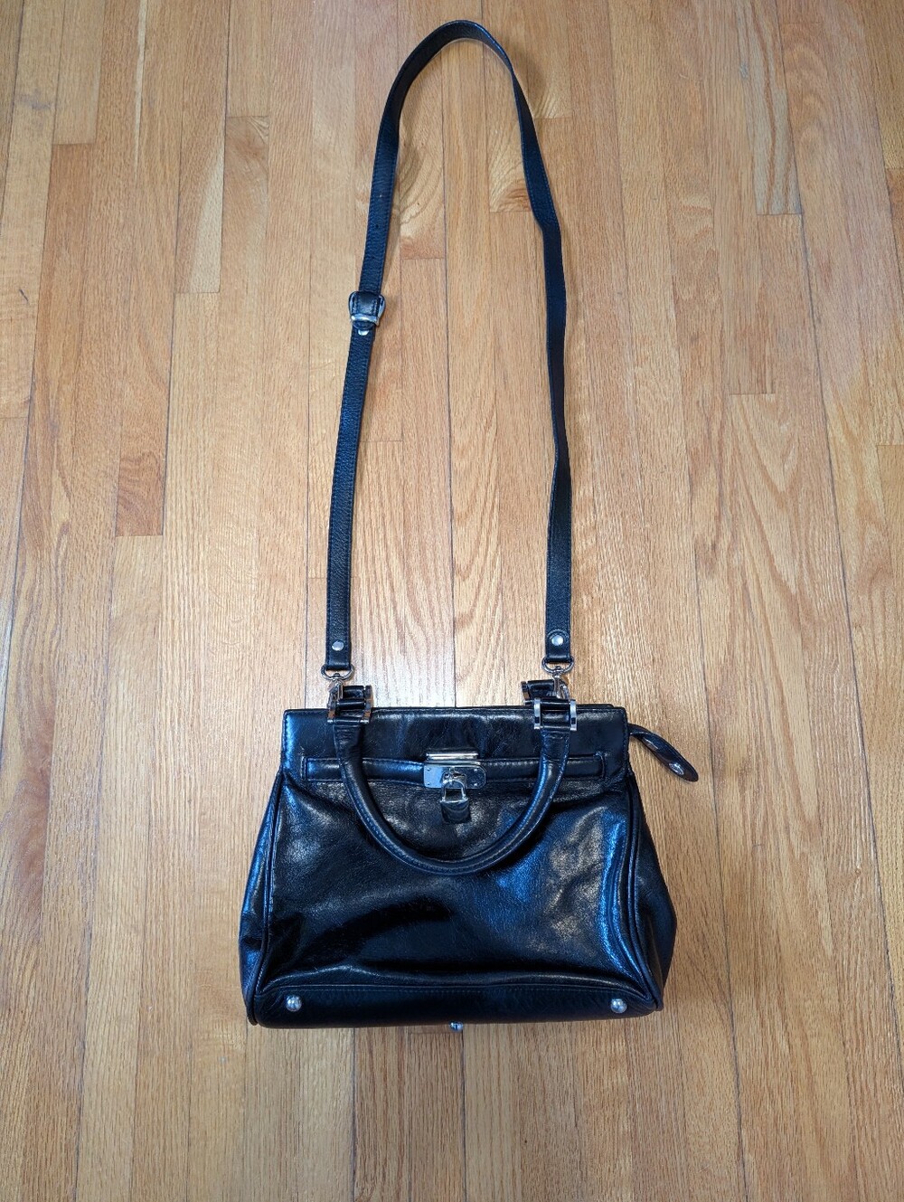 DANIER Black Italian Leather Satchel Crossbody Bag Padlock Top Handle
